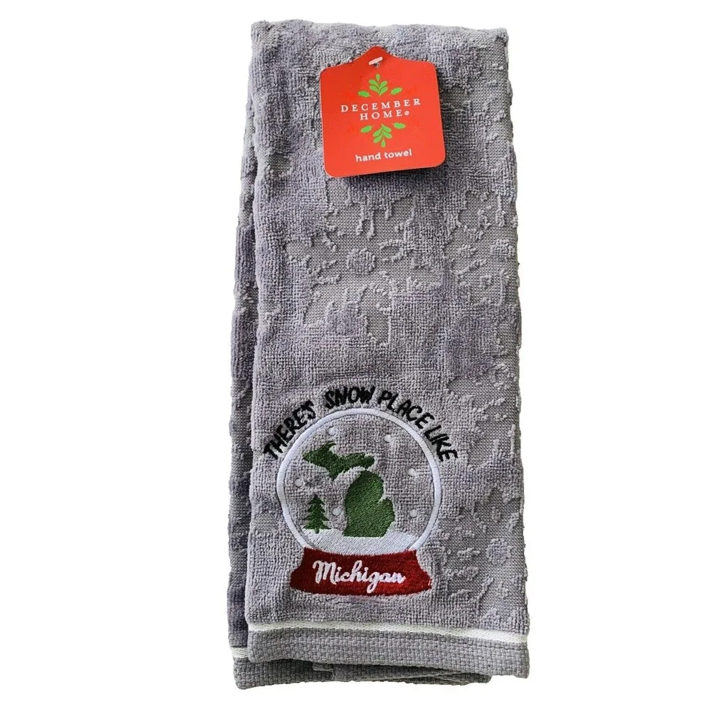 There's Snow Place Like Michigan Winter Hand Towel Embroidery Snow Globe Holiday